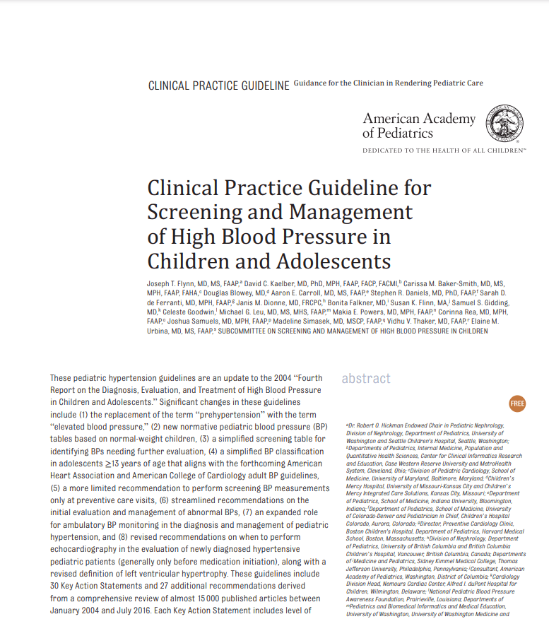 Screening and Management of High Blood Pressure AAP 2017 Guidelines