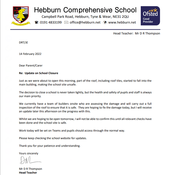 School Closure Letter 14.2.22 Hebburn Comprehensive School