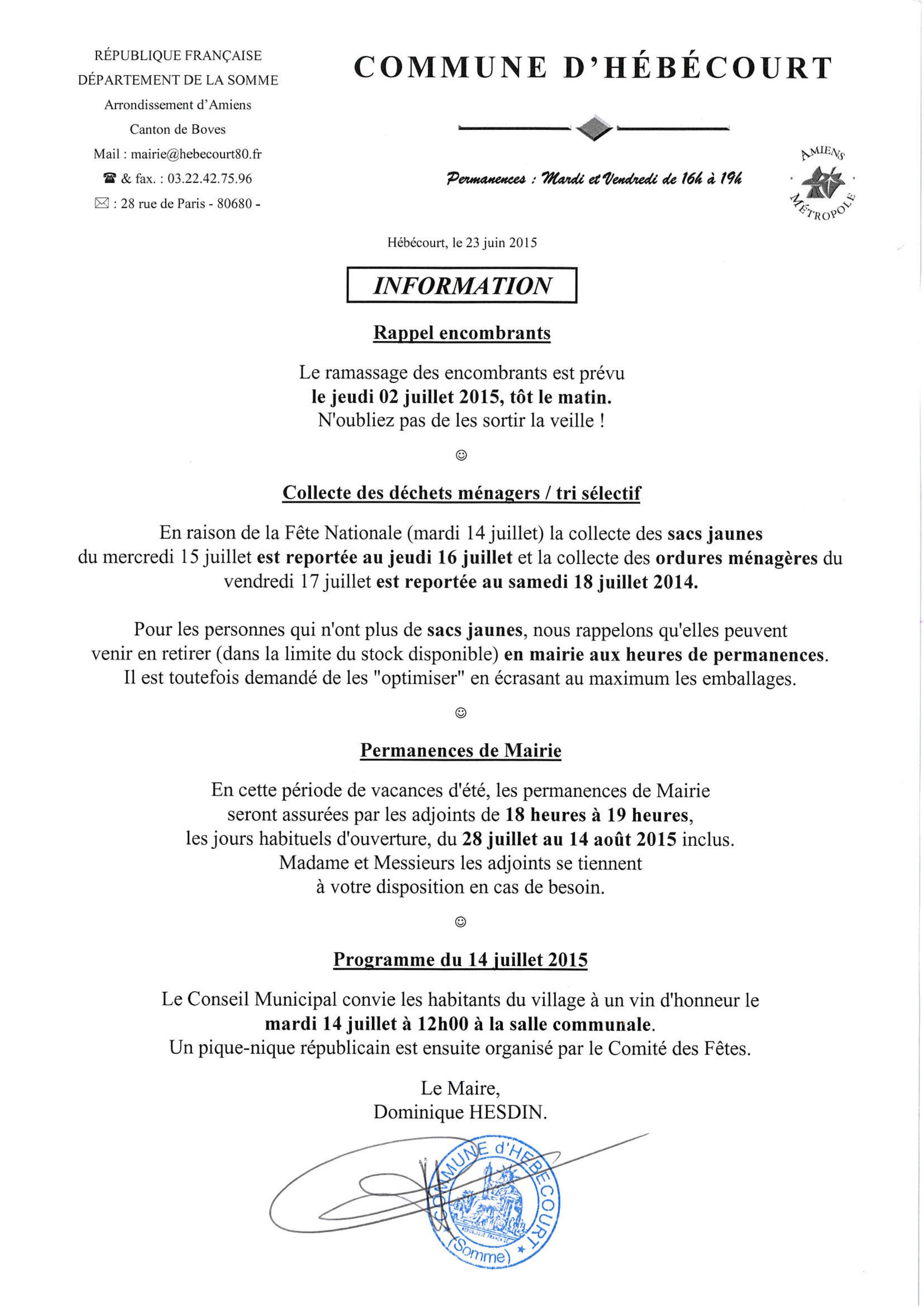 Note d’infos diverses Hébécourt vous informe