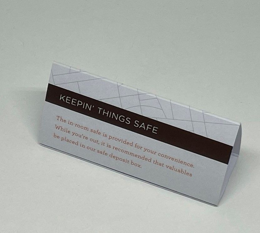 Inroom Tent Card Notices Hederman Hasslefree print and design