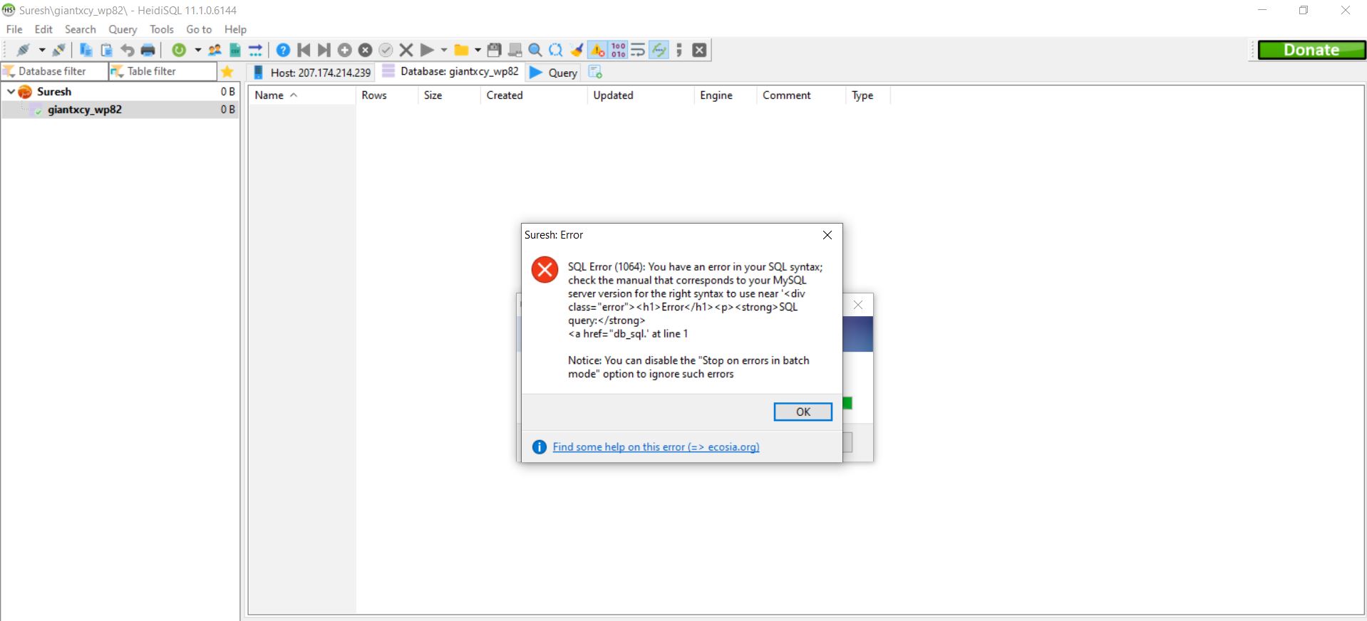 Getting Error during import of SQL using HeidiSQL