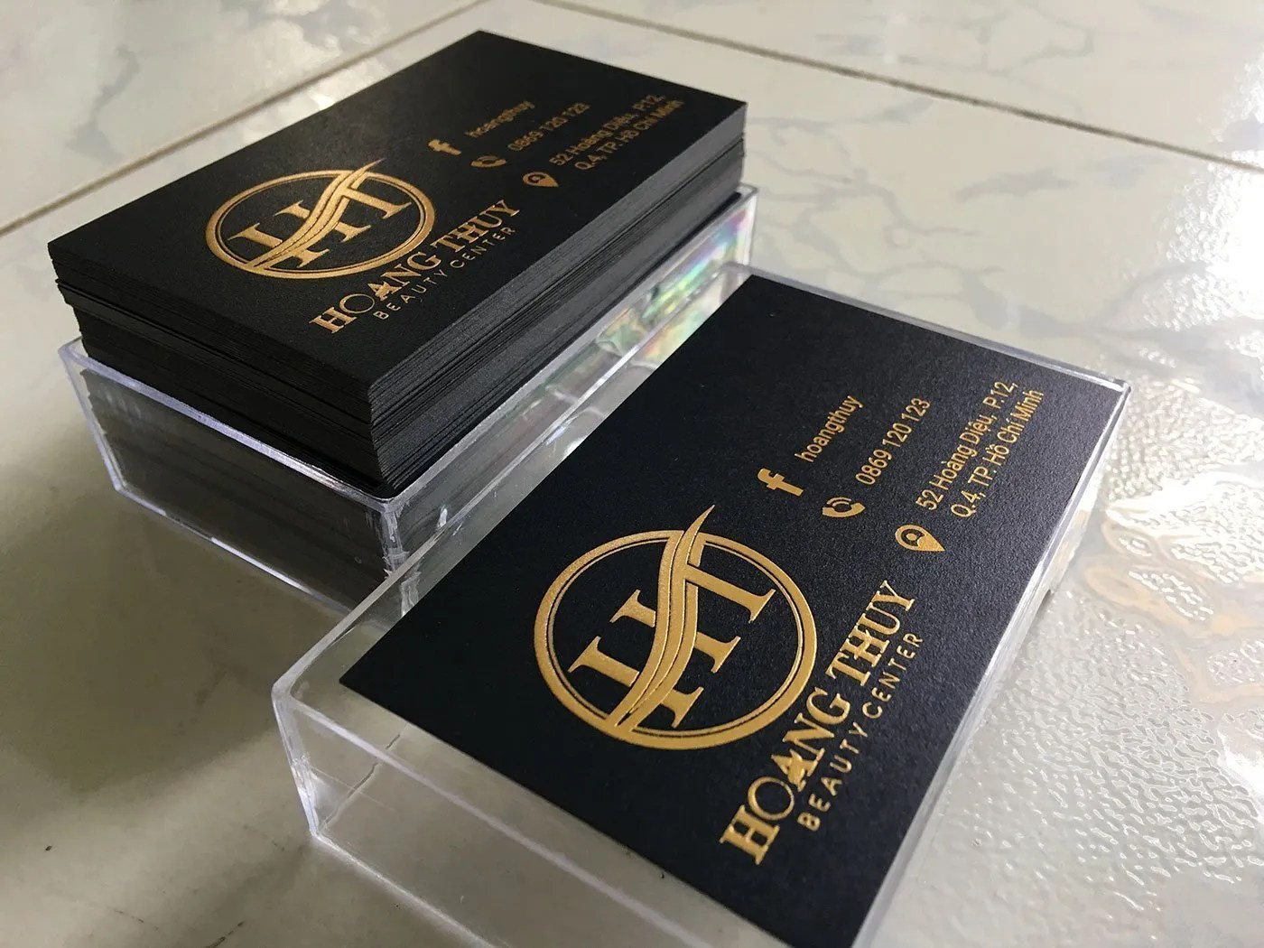 Gold Embossed Text Business Card on Black Art Paper