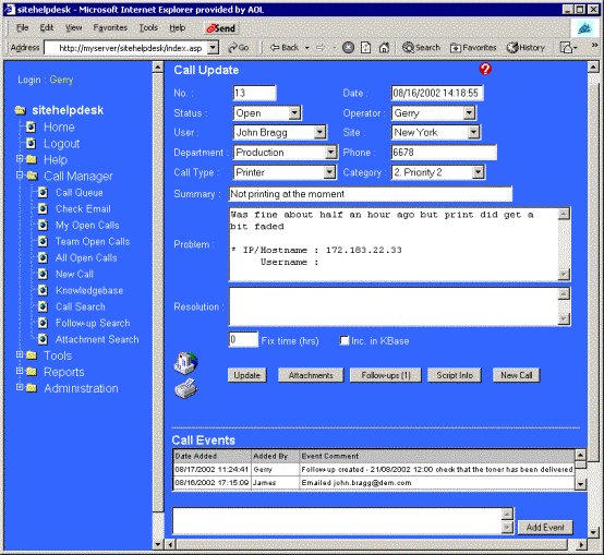 SiteHelpDesk The Leading Help Desk Software User Call Logging