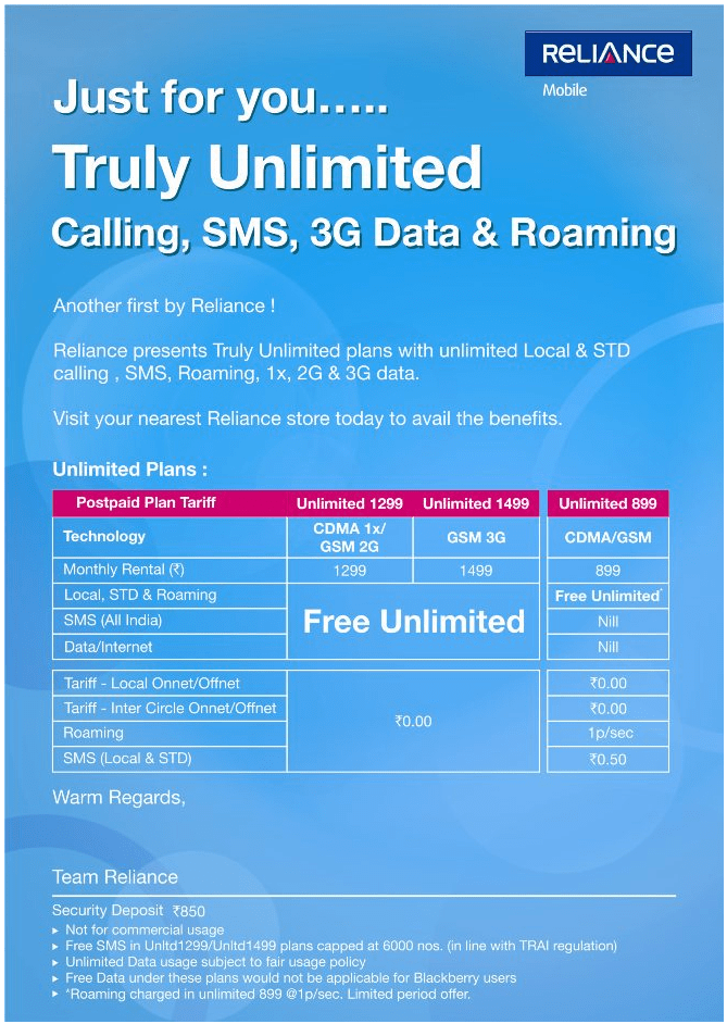 Buy Online Reliance TRULY Unlimited Plans Free UNLIMITED Local, STD