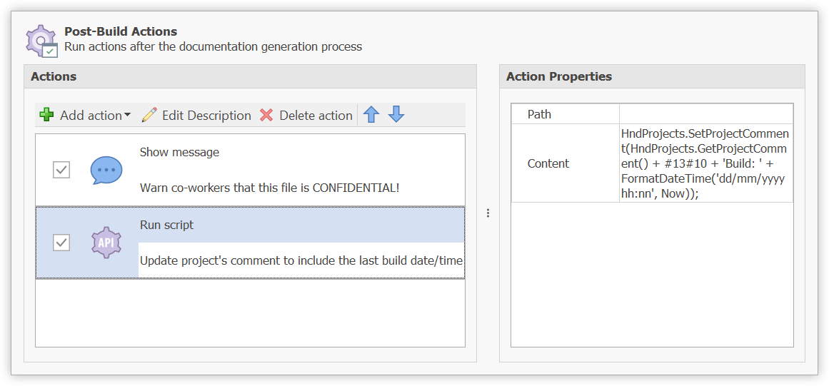 Run postbuild actions when the documentation is generated and create