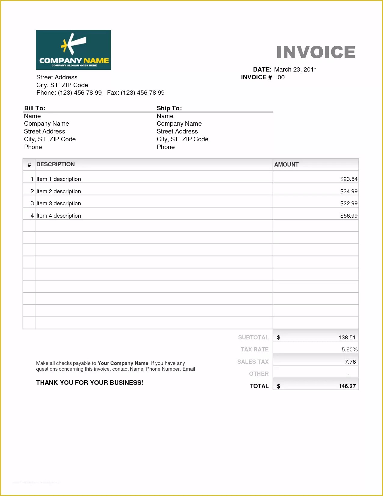 Excel Bill Template Free Of 19 Free Invoice Template Excel Easy to Edit