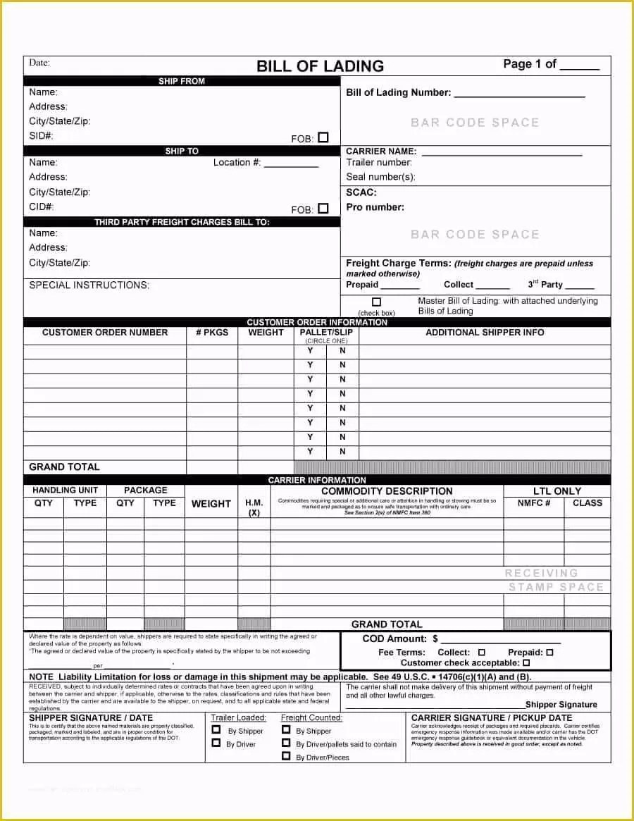 Free Bill Of Lading Template Excel Of 40 Free Bill Of Lading forms