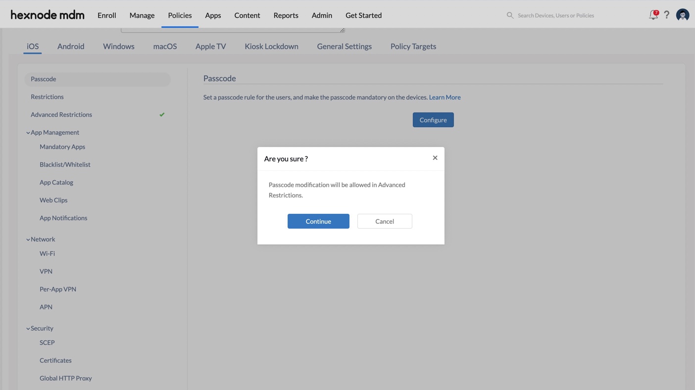Set a passcode first then deny changing it Unified Endpoint