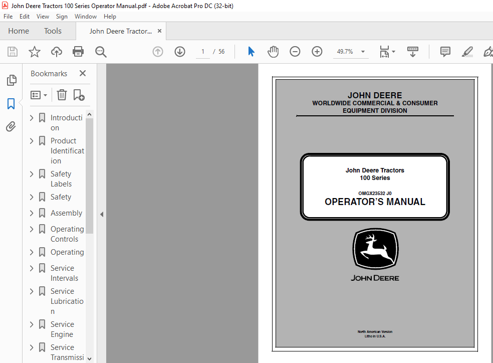 John Deere Tractors 100 Series Operator's Manual - PDF DOWNLOAD