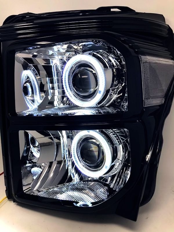 20112016 Ford F250 F350 Black Chrome Headlights LED Halo Retrofit