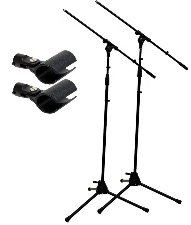 (2) Pro Audio DJ Tripod Adjustable Height Boom Mic Microphone Stands & (2) Free Mic Mounts ASC