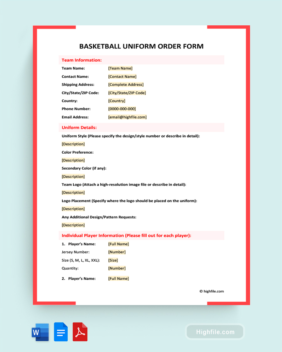 Basketball Uniform Order Form Word PDF Google Docs Highfile