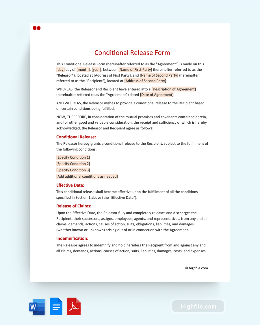 Conditional Release Form Word PDF Google Docs Highfile