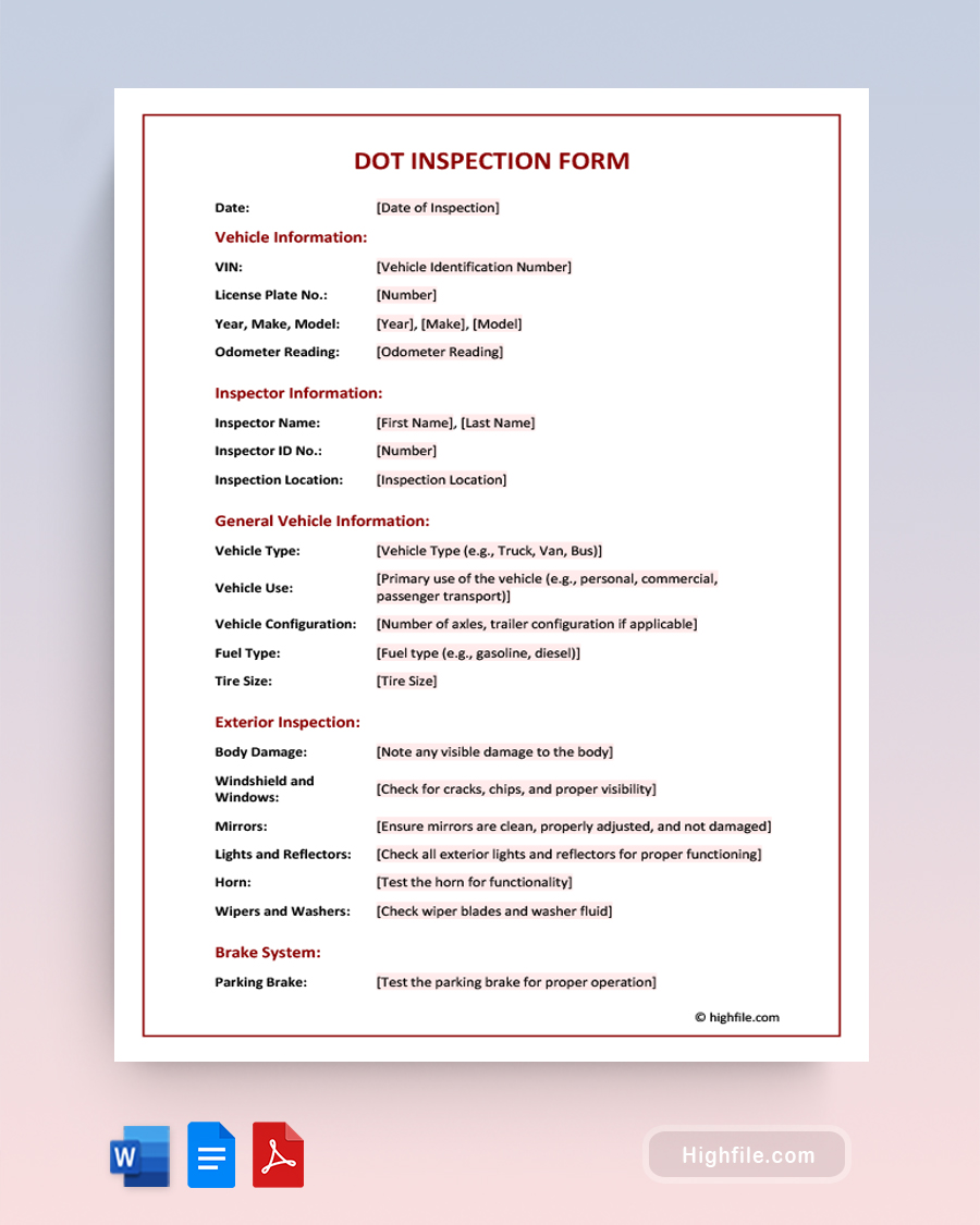 Dot Inspection Form Word PDF Google Docs Highfile