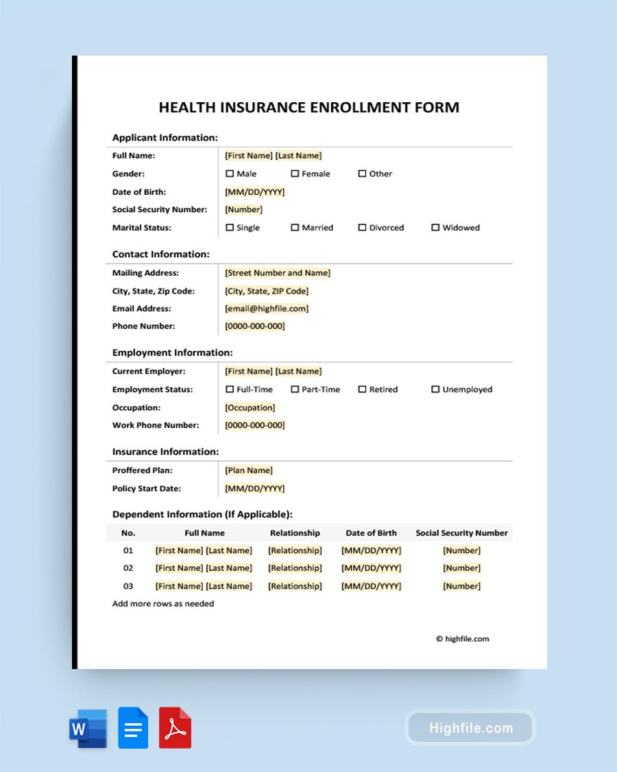 Health Insurance Enrollment Form Word PDF Google Docs Highfile