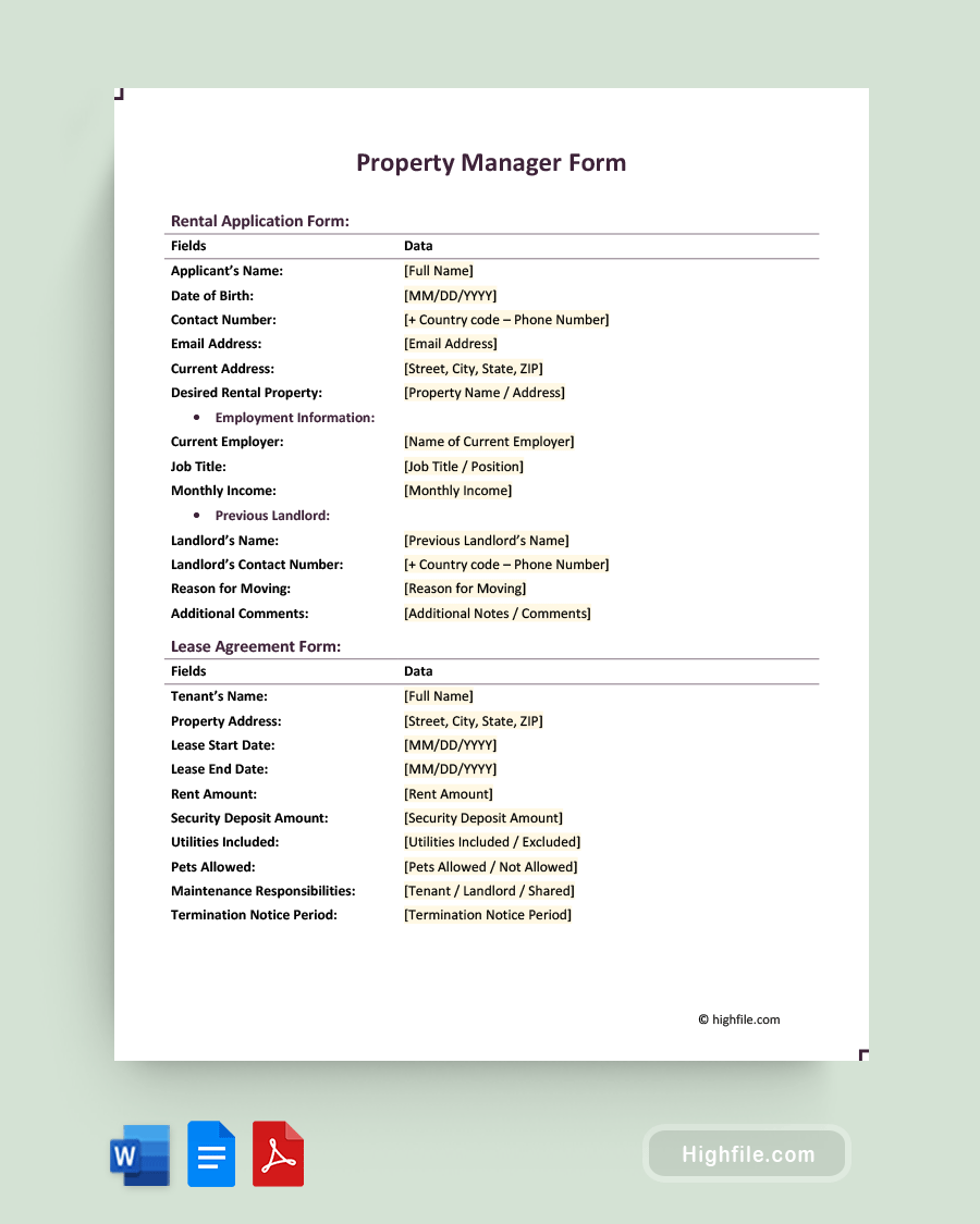 Property Manager Form Word PDF Google Docs Highfile