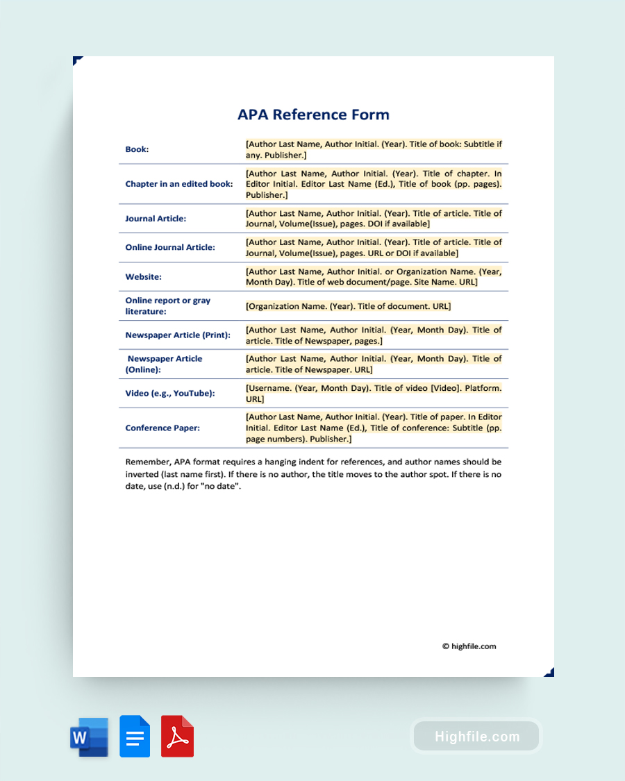 APA Reference Form Word PDF Google Docs Highfile