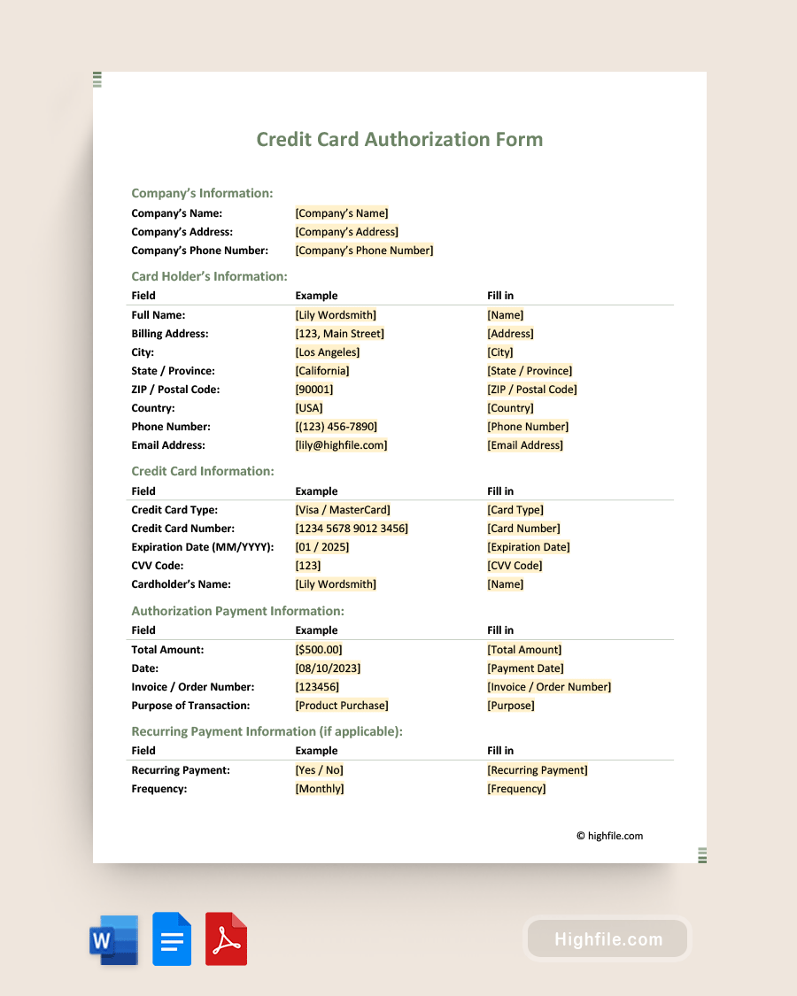 Credit Card Authorization Form Word PDF Google Docs Highfile