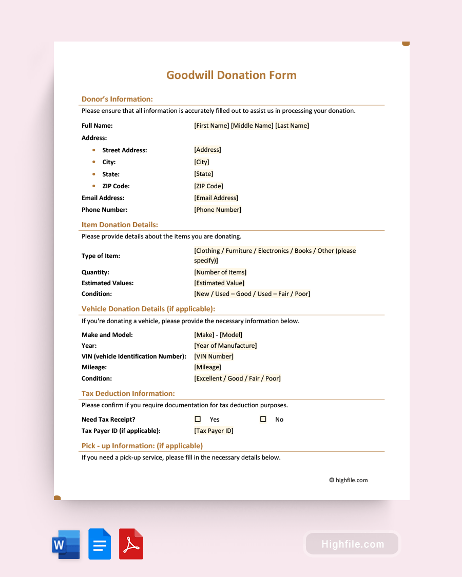 Goodwill Donation Form Template - Word | PDF | Google Docs - Highfile