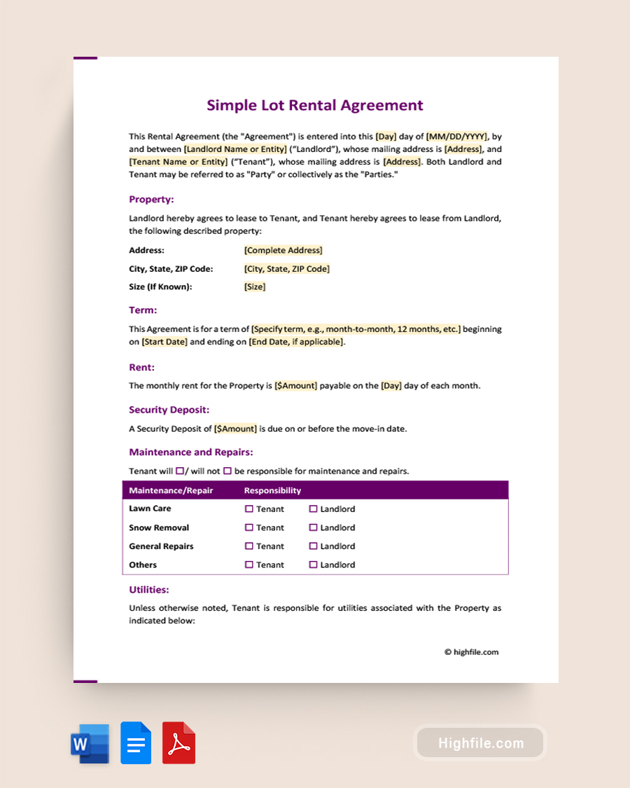 Simple Lot Rental Agreement Word PDF Google Docs Highfile