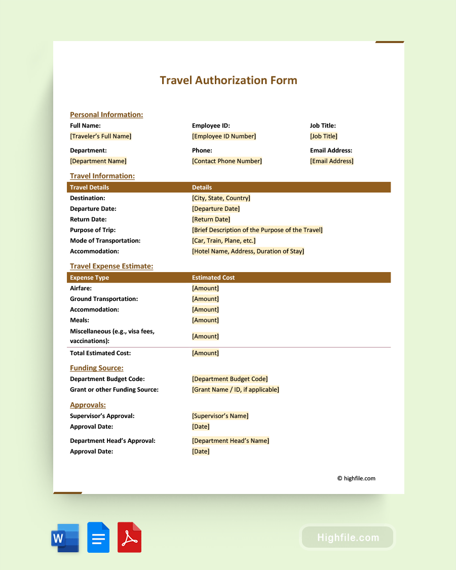 Travel Authorization Form Word PDF Google Docs Highfile
