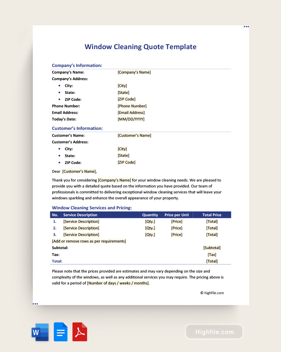 Window Cleaning Quote Template Word PDF Google Docs Highfile