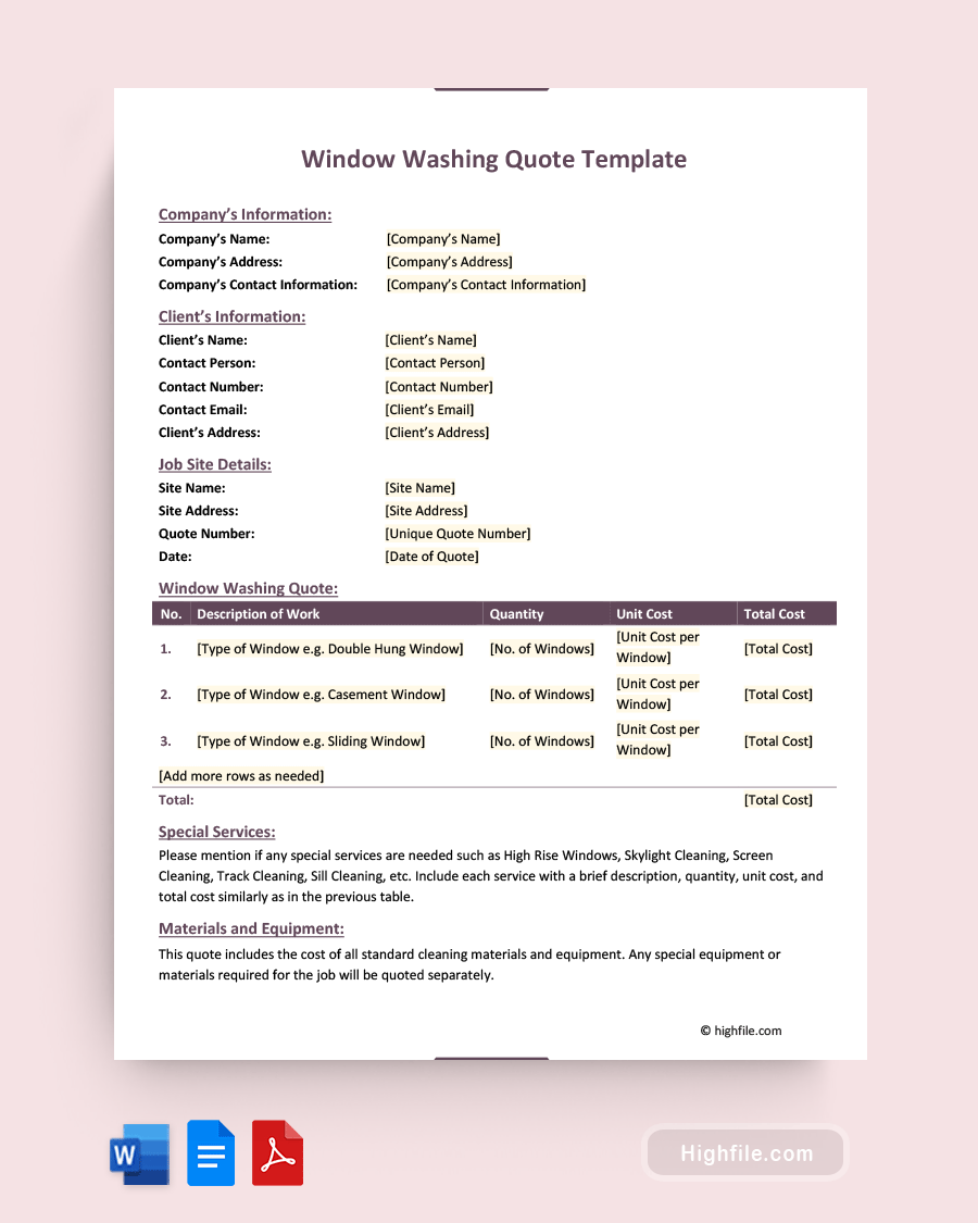 Window Washing Quote Template Word PDF Google Docs Highfile