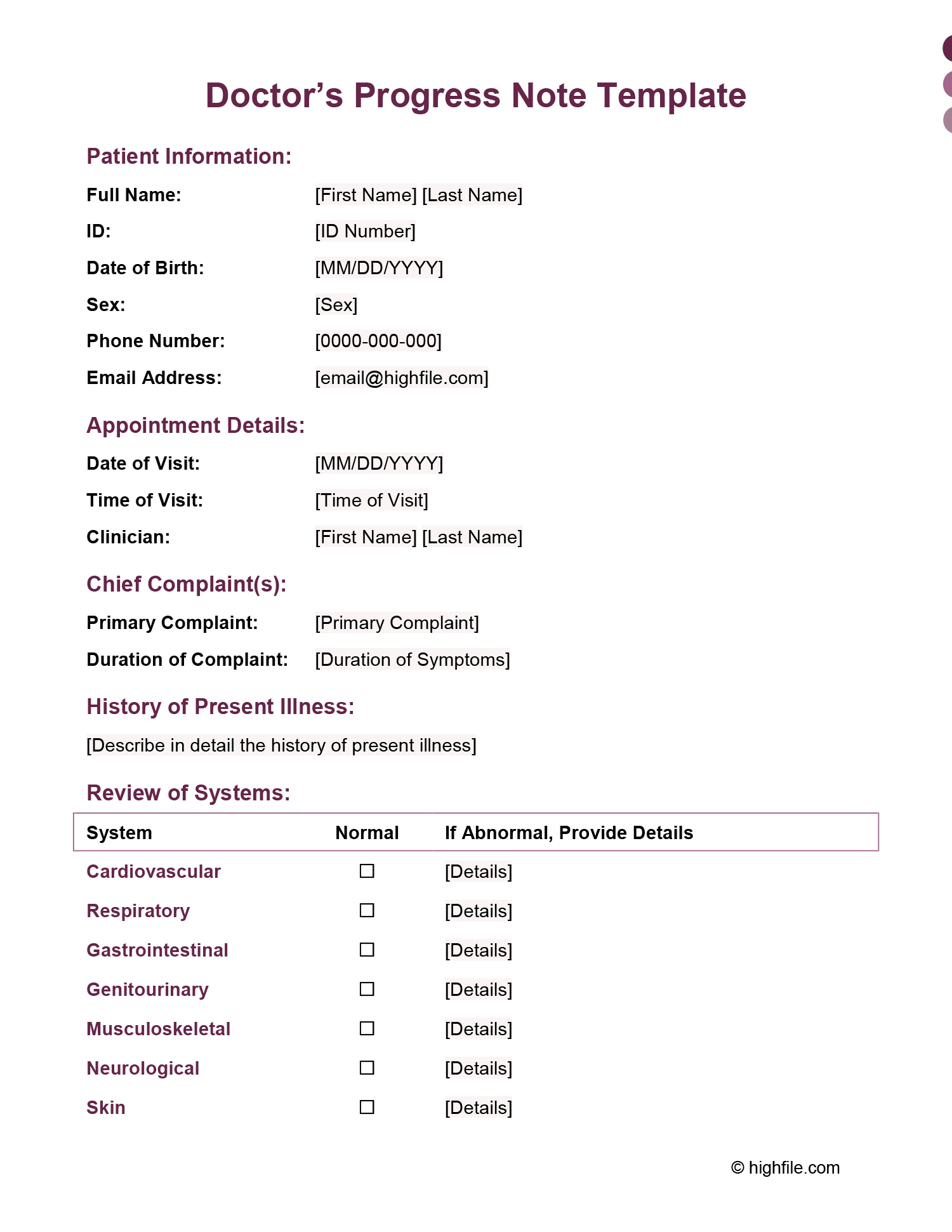 Doctor's Progress Note Template Word Google Docs Highfile