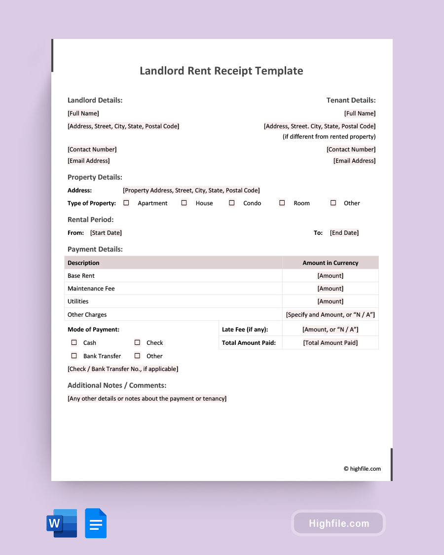 Landlord Rent Receipt Template Word Google Docs Highfile