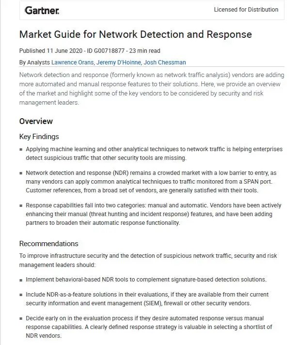 2020 Gartner Market Guide for Network Detection & Response Hillstone