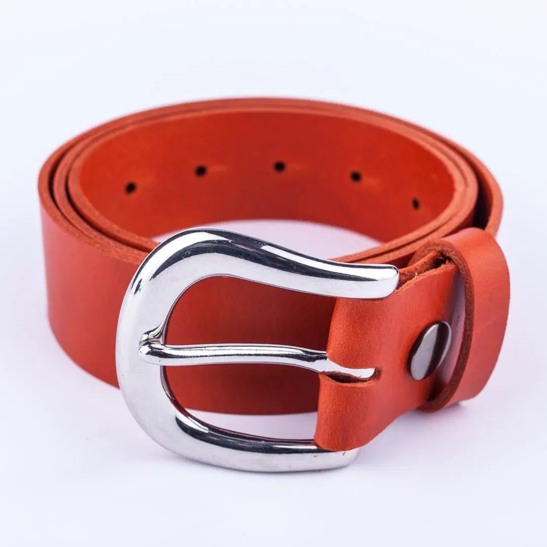 Womens orange leather jeans belt with chrome buckle Hip & Waisted