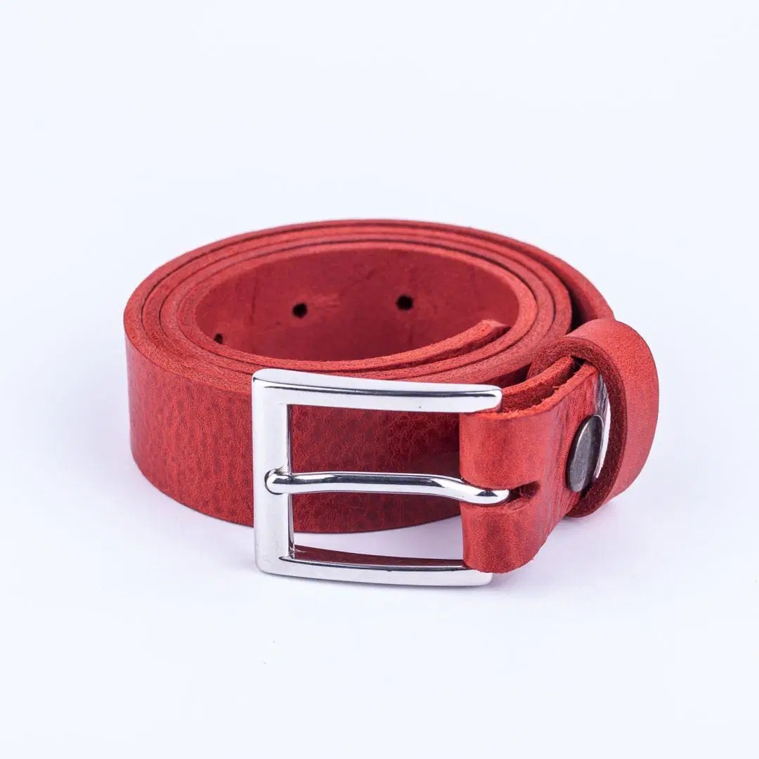 Mens red leather dress belt with chrome buckle Hip & Waisted Belts
