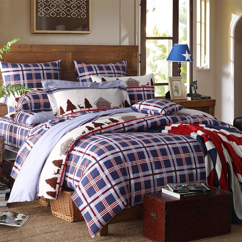 Navy Blue White and Red Christmas Deer Tree and Country Plaid Print