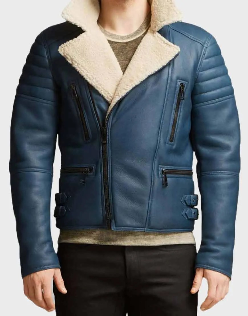 Men’s Blue Shearling Leather Jacket Handmade Shearling Jacket