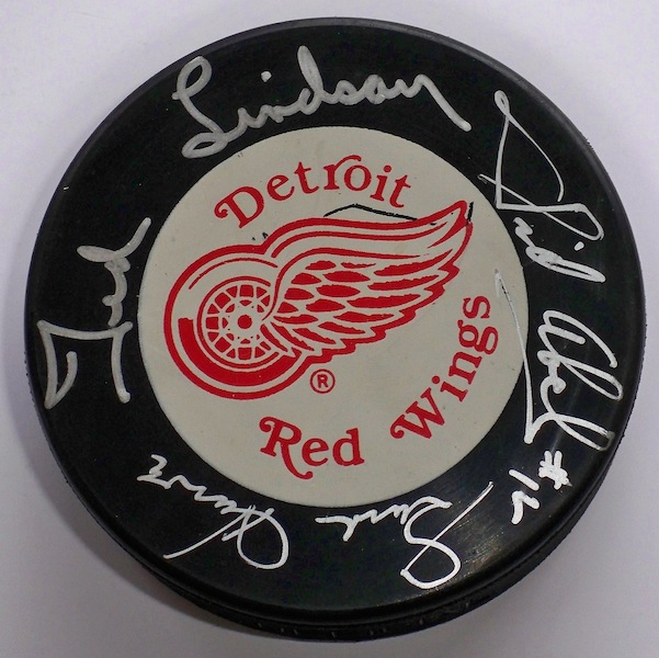 PRODUCTION LINE Signed ABEL HOWE LINDSAY DETROIT Puck eBay