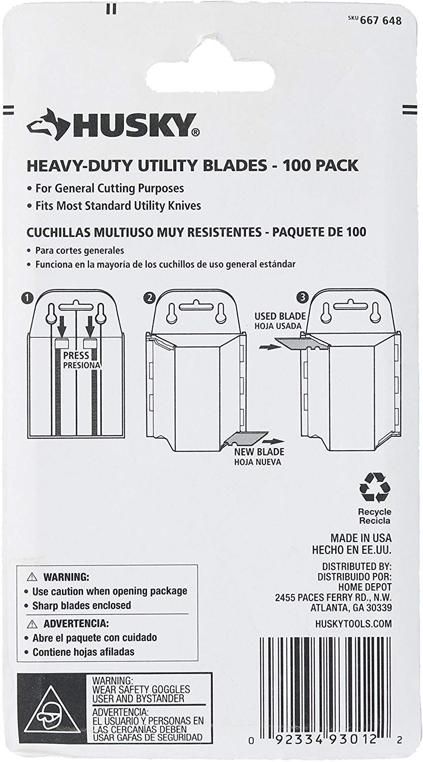 Husky Heavy Duty .024” Carbon Steel Utility Blade (100 Pack) H&J