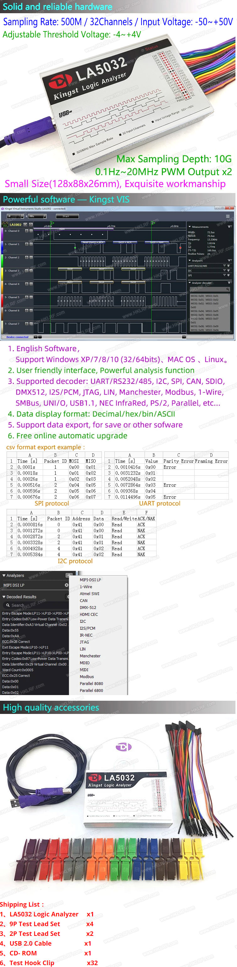 LA5032 USB Logic Analyzer 500M Max Sample Rate 32Channel MCU/ARM/FPGA Deb