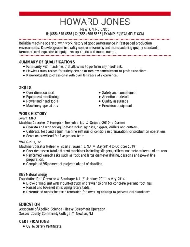 Machine Operator Free Resume Templates + HowTo Guide