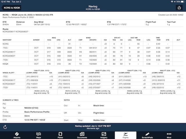 ForeFlight VFR Navigation Log - Holladay Aviation