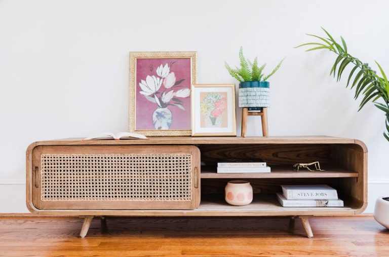unique rustic TV stand with cane wicker sliding rounded edges