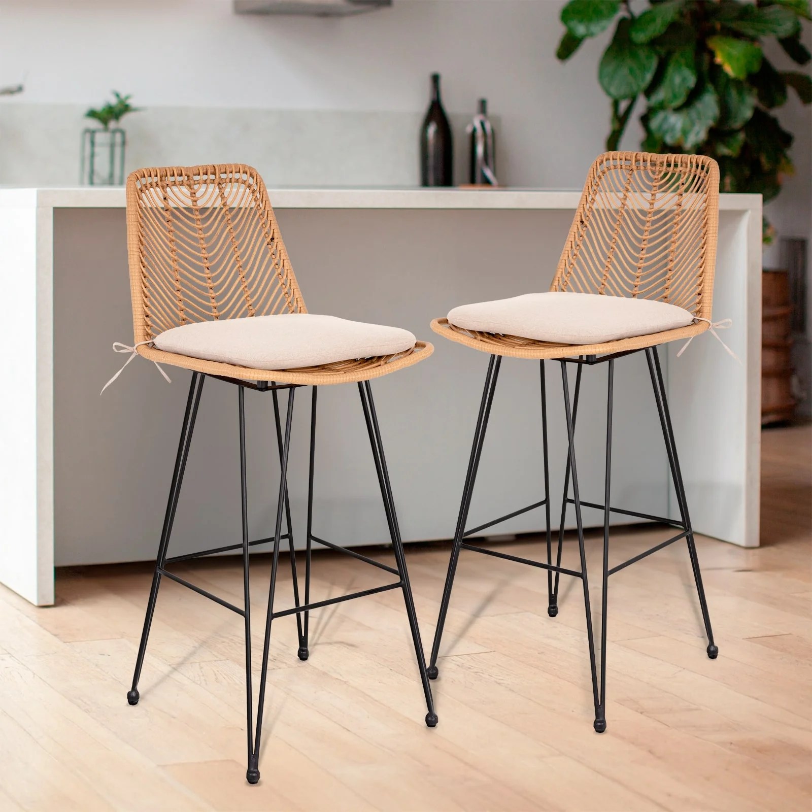 Rattan Counter Height Bar Stools with Comfort Cushion Interior Design
