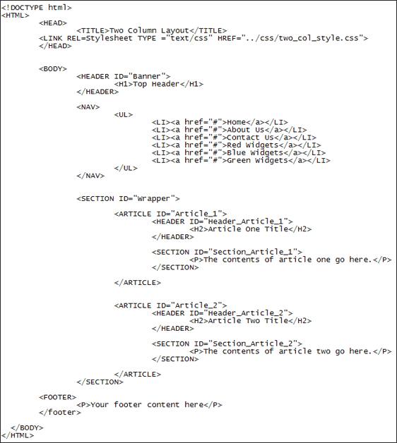 A two column layout using HTML5 and CSS