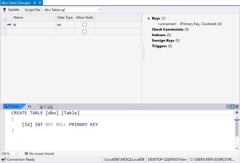 Create a Table in a Sql Server Database