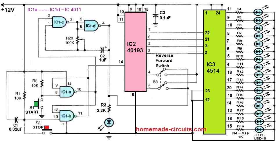 10 Simple LED Chaser Circuit Diagrams Explained [Knight Rider, Scanner