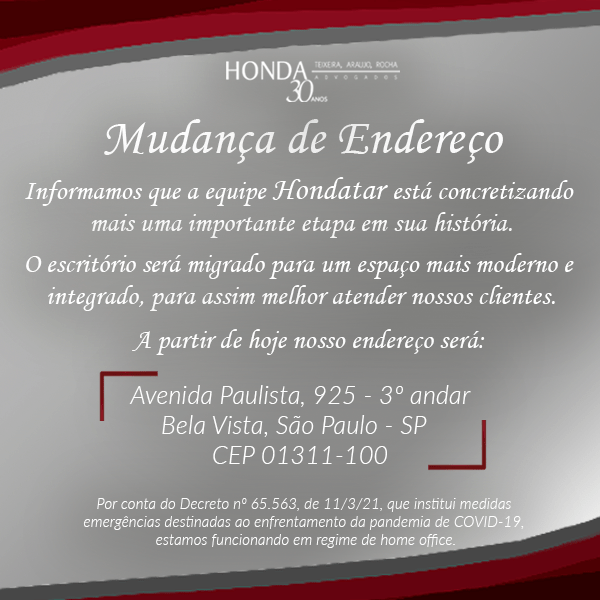 Comunicado Mudança de Endereço Honda, Teixeira, Rocha Advogados