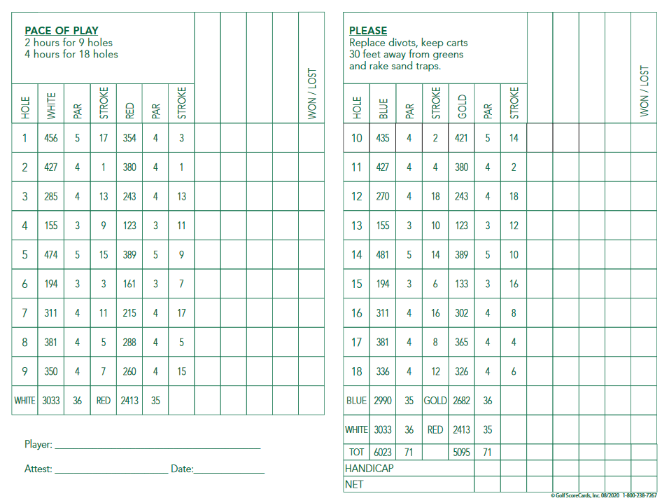 Scorecard Hooper Golf Course