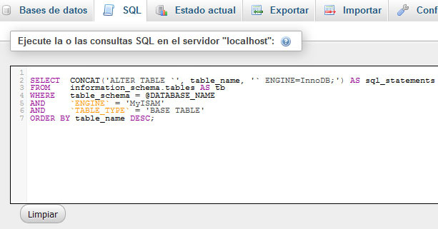 Convertir Tabla de MyISAM a InnoDB en cPanel