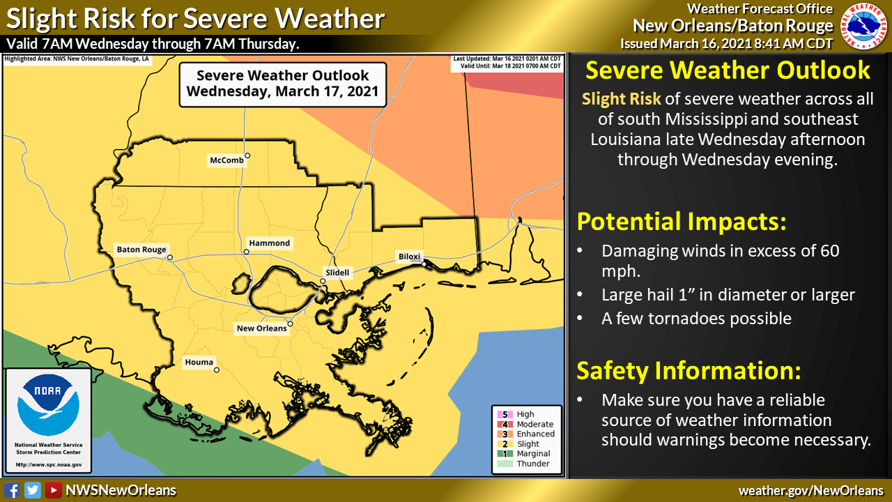 Possible severe weather for southeast Louisiana on Wednesday, NWS says