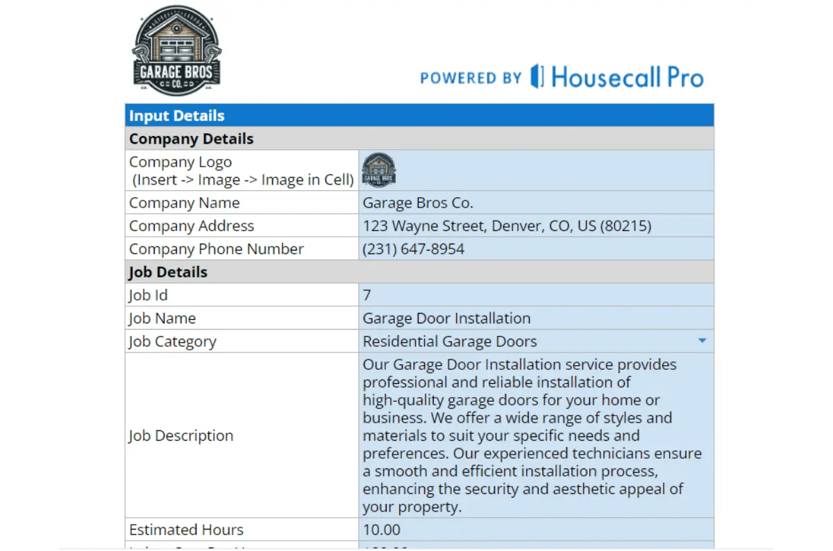 Garage Door Price List Template Housecall Pro