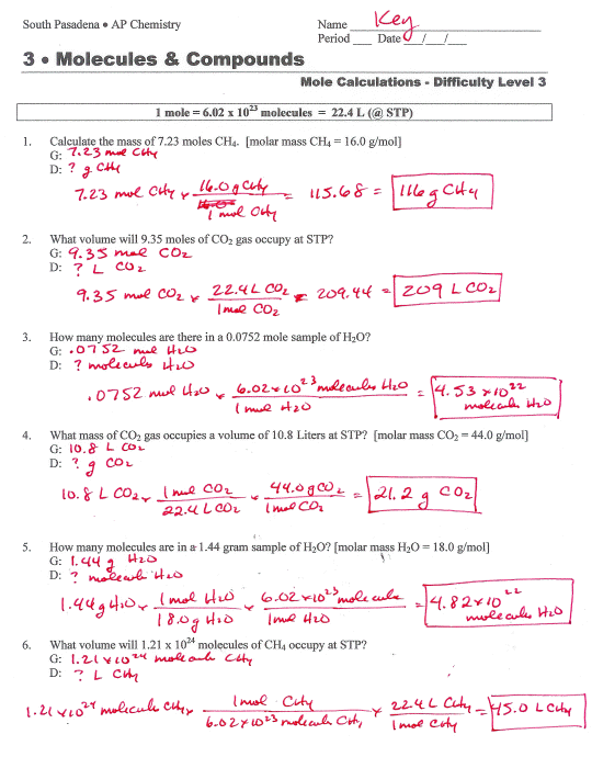 Mole Calculation Worksheet Answer Key Free Worksheets Samples